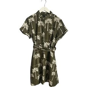 Tahari Linen Blend Dress Pockets Green Tropical Belted Vacation Resort Small
